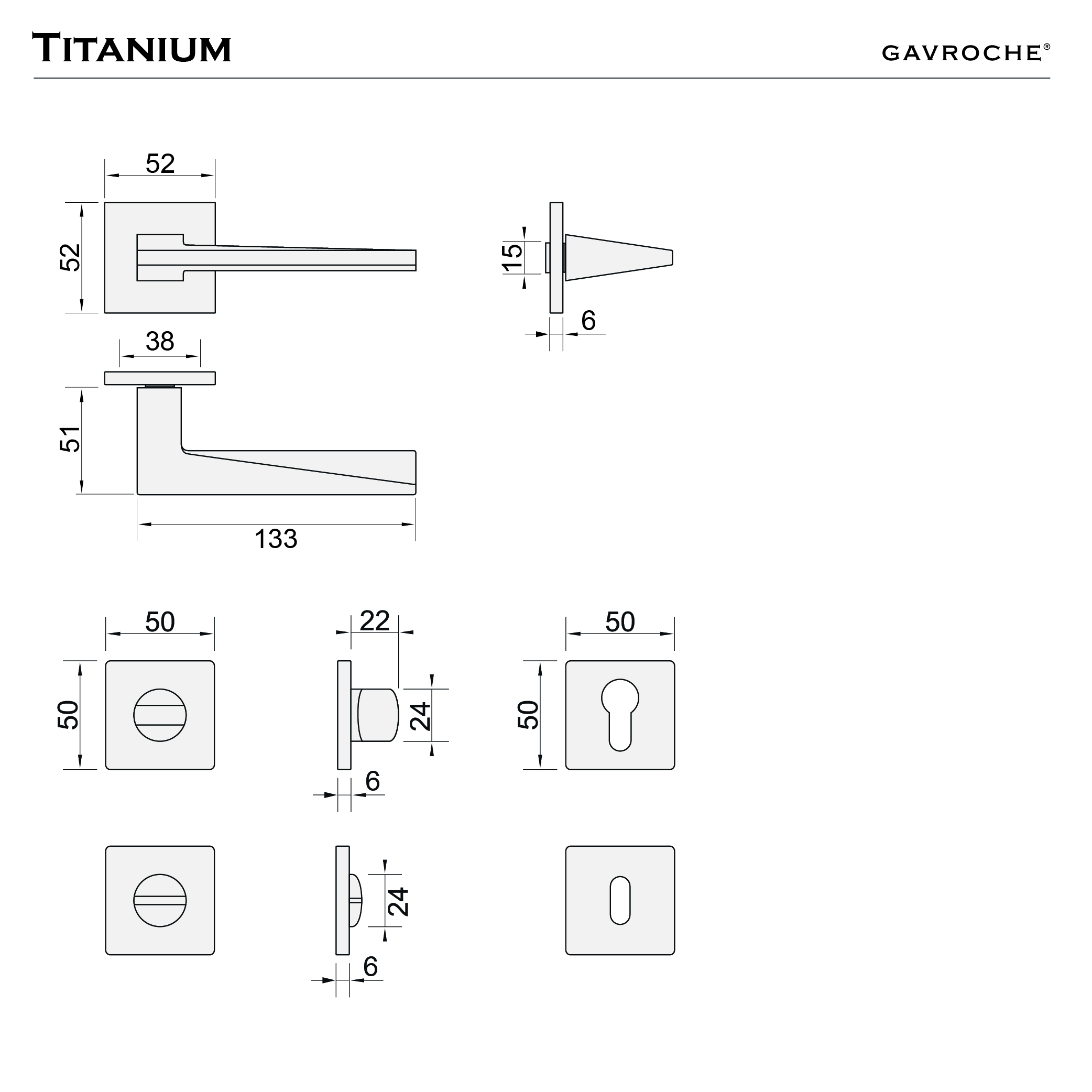 Maßzeichnung Titanium – Griff und Rosetten