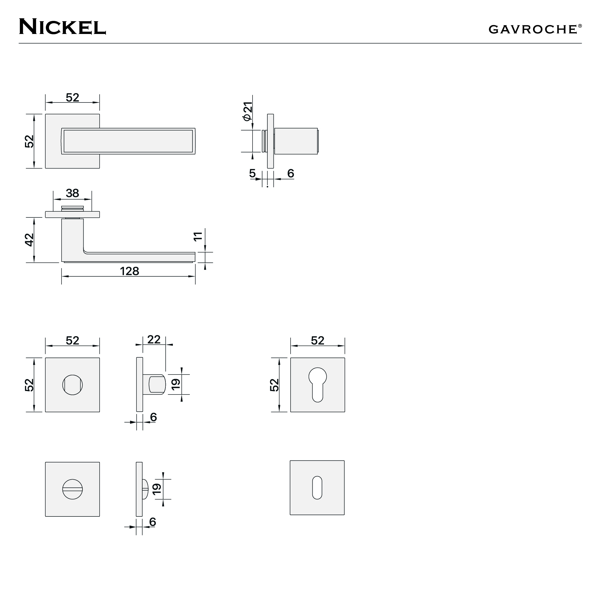 Maßzeichnung Nickel – Griff und Rosetten