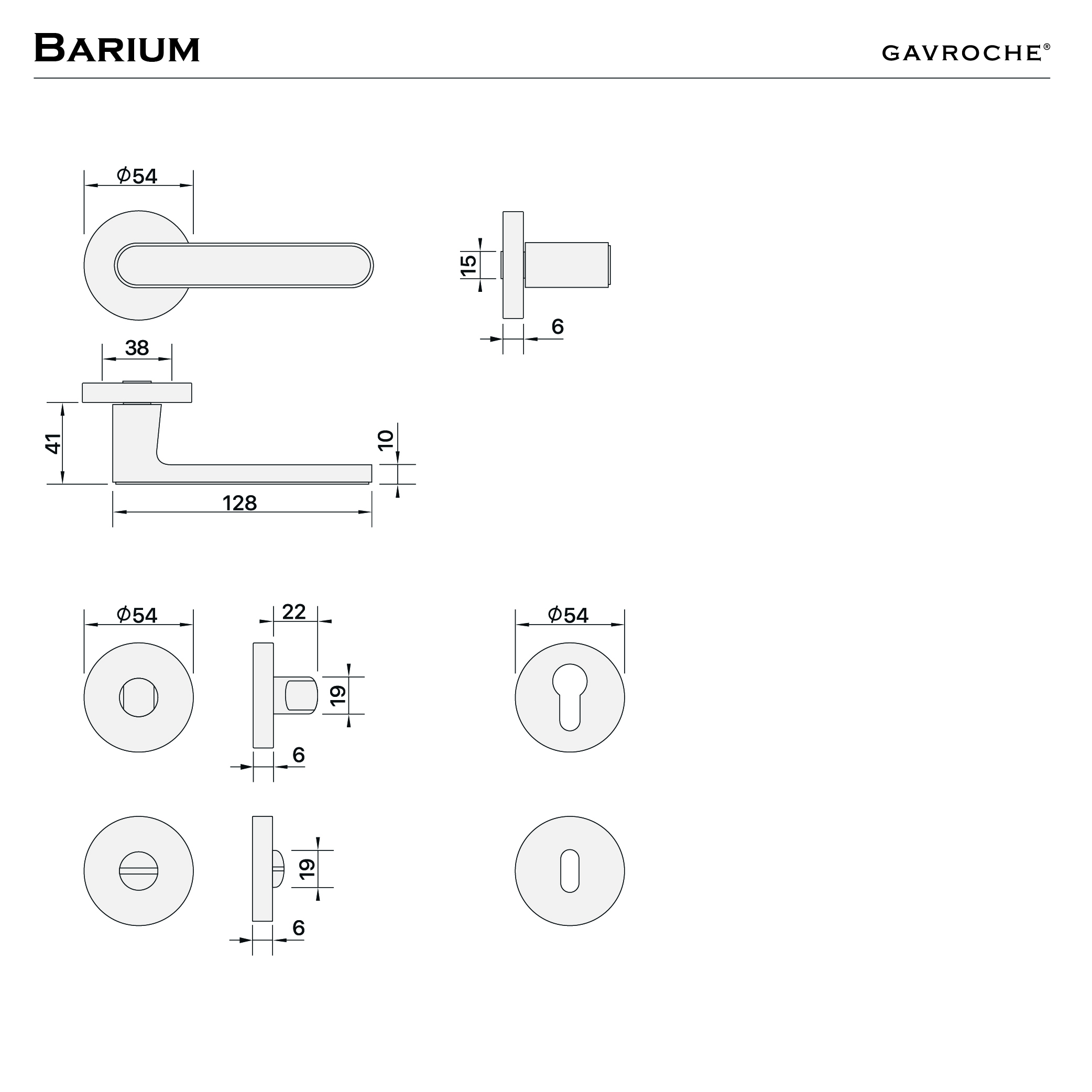 Maßzeichnung Barium – Griff und Rosetten
