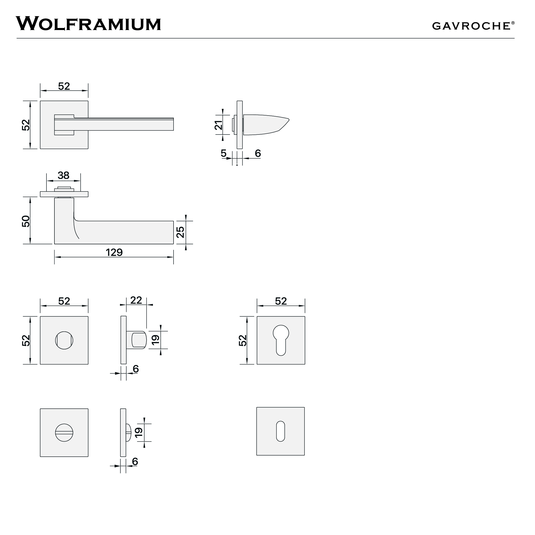 Maßzeichnung Wolframium – Griff und Rosetten