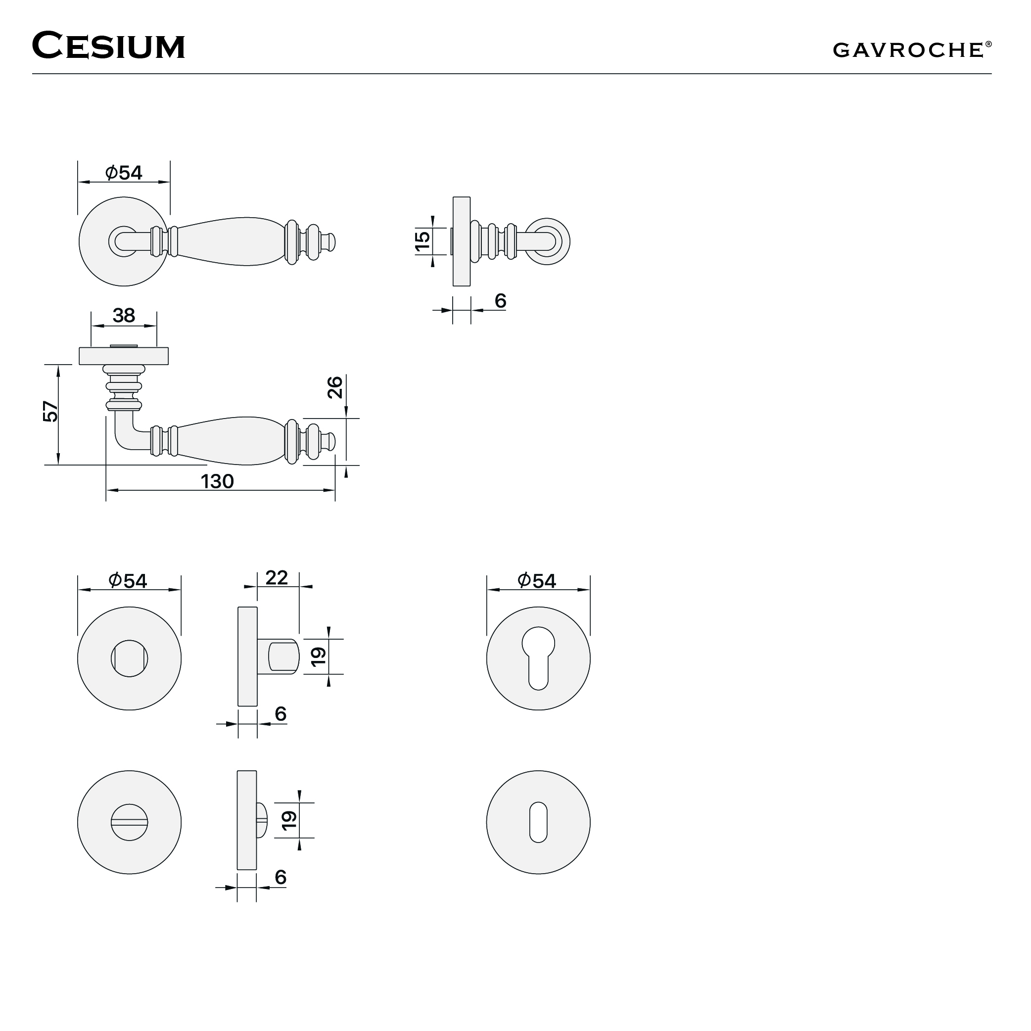 Maßzeichnung Cesium – Griff und Rosetten