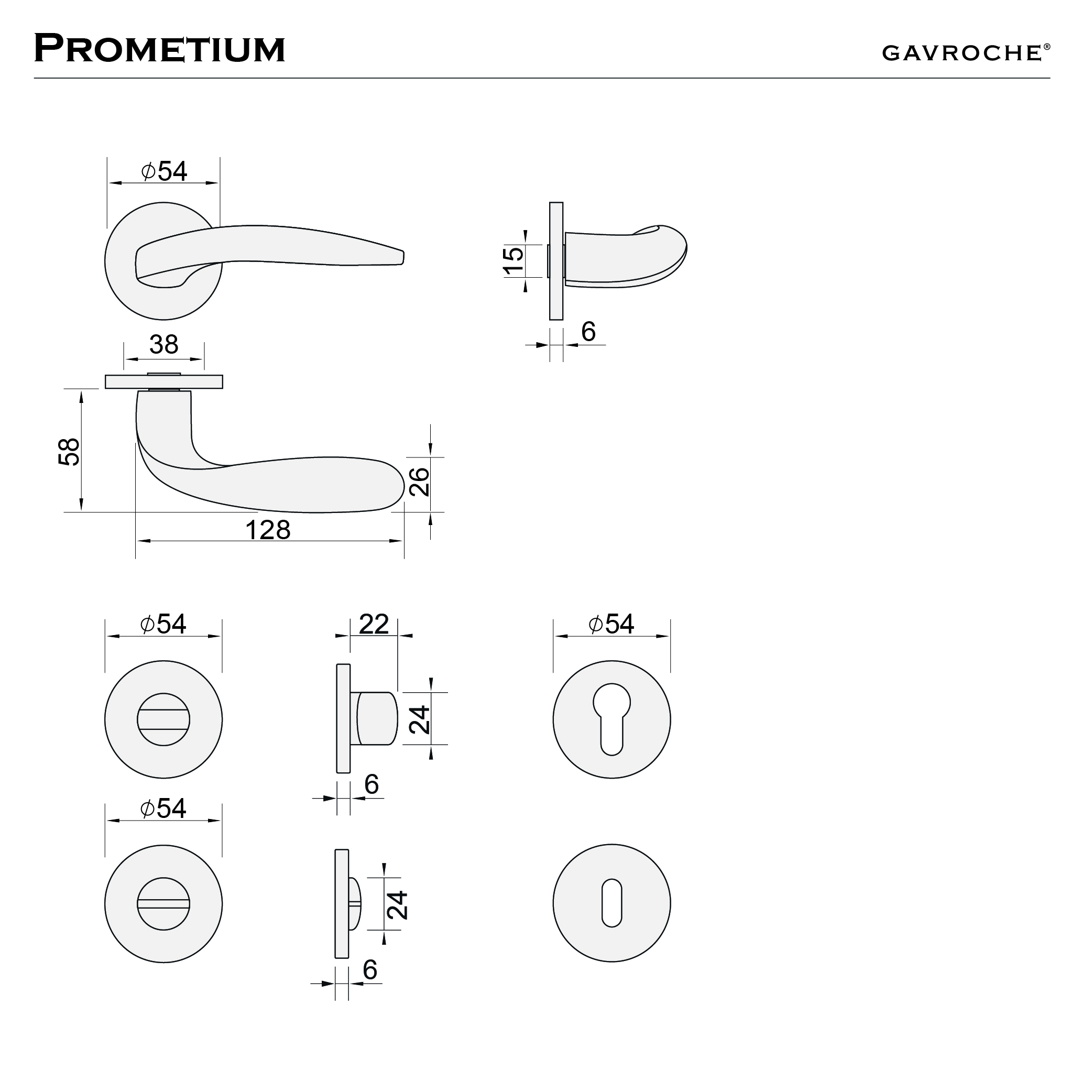 Maßzeichnung Prometium – Griff und Rosetten