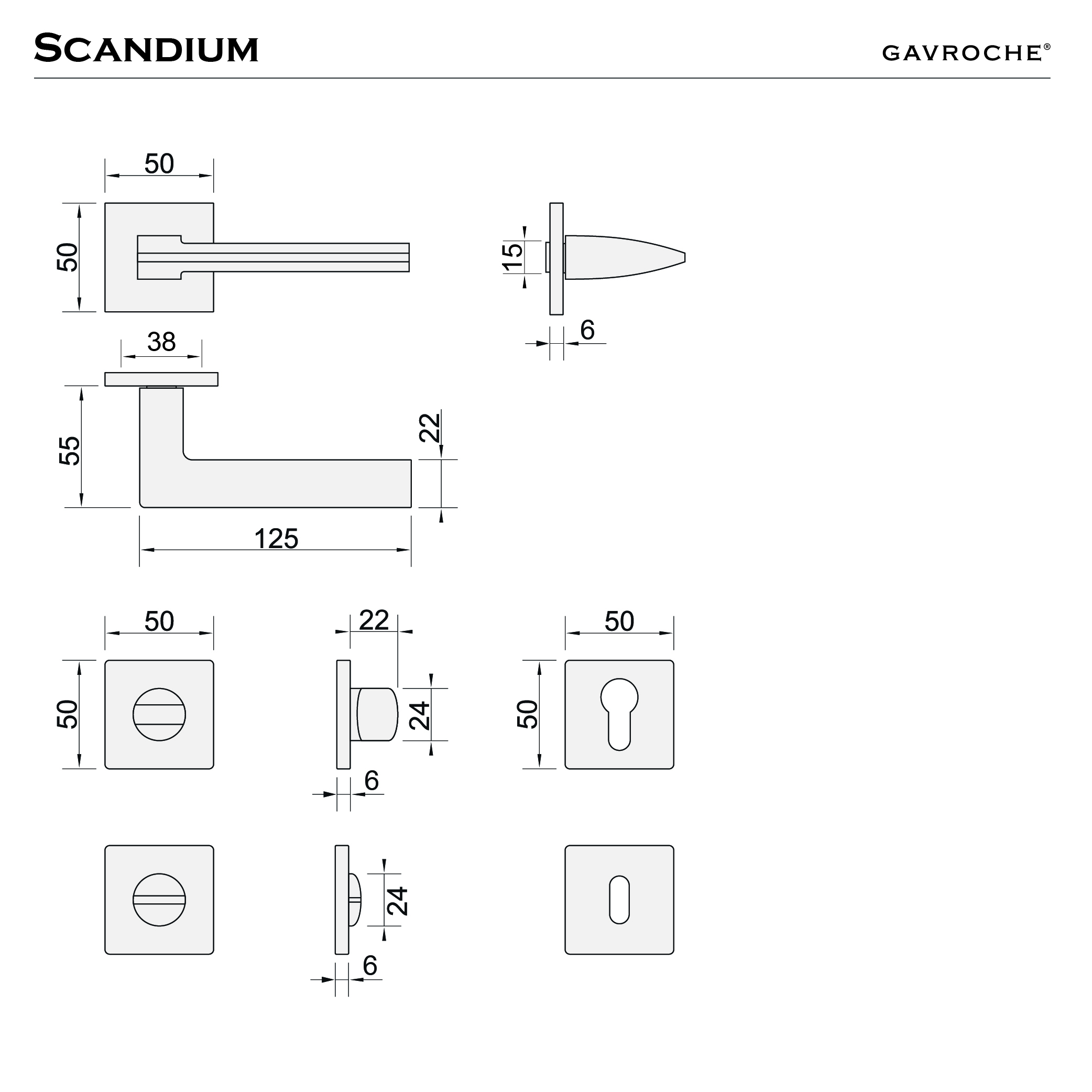 Maßzeichnung Scandium – Griff und Rosetten