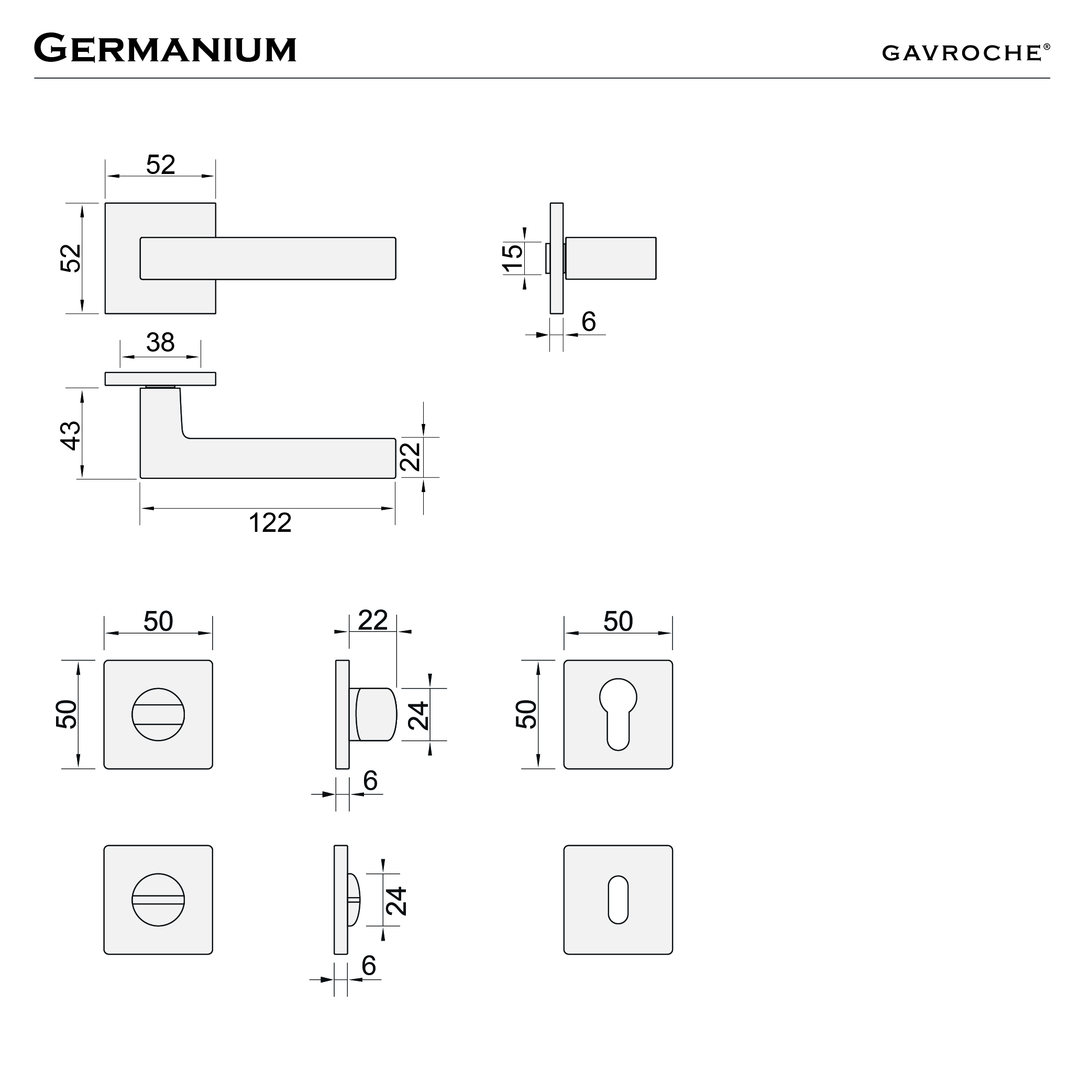 Maßzeichnung Germanium – Griff und Rosetten
